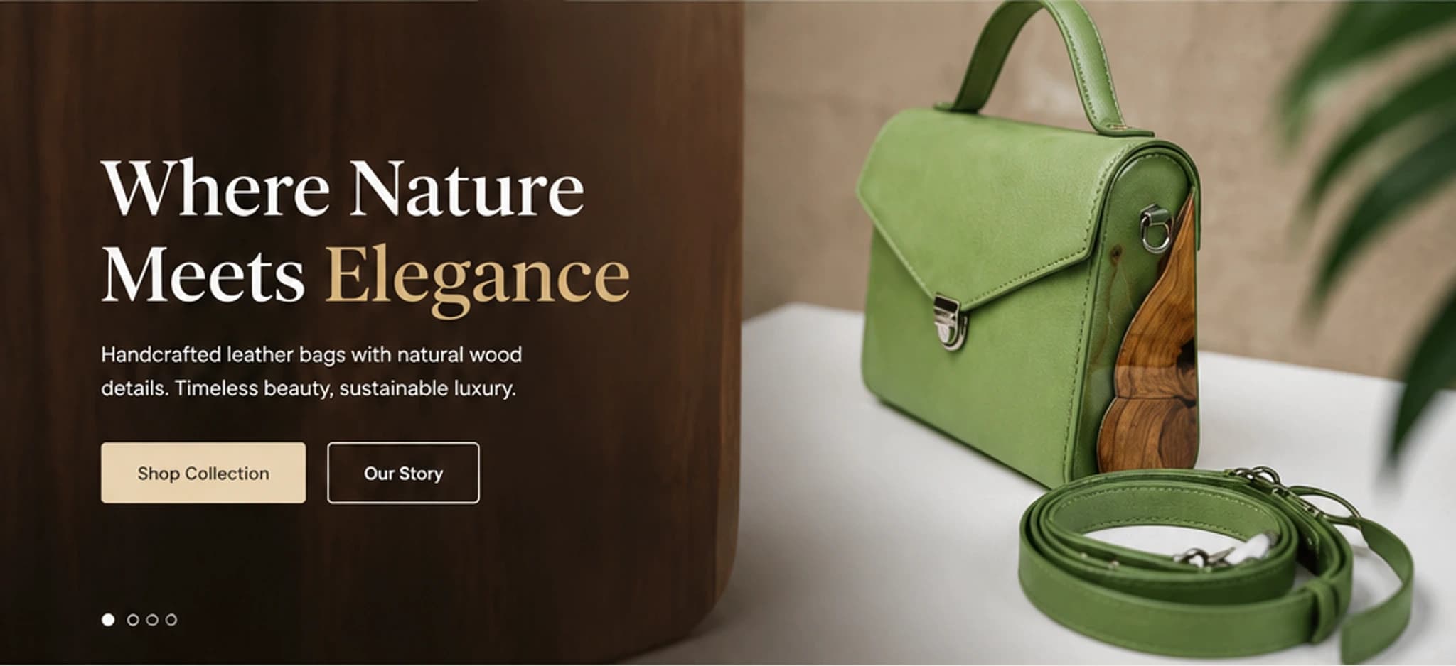 Green leather handbag with natural wood side detail beside a dark wood panel
