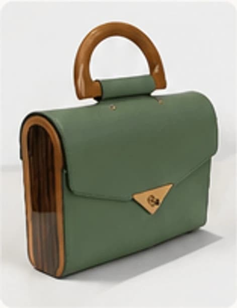 Green top-handle bag with natural wood detail